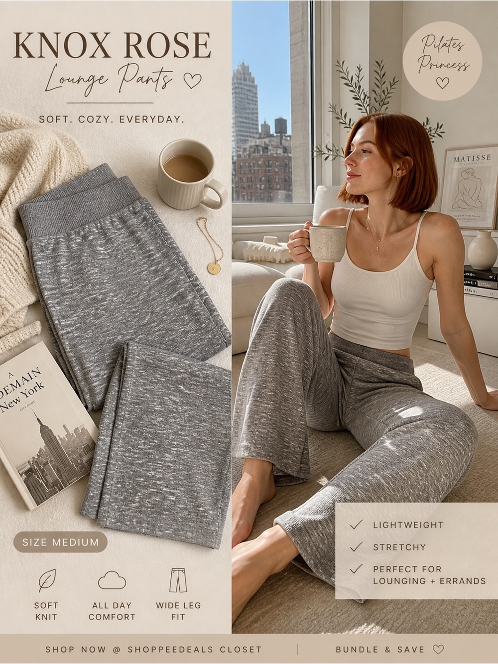 Knox Rose Marled Gray Wide Leg Lounge Pants | Size Medium